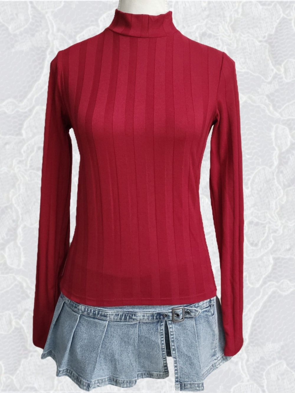 Women's Stripe Mock Neck Top - Red